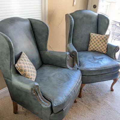 Lot #82 - Vintage Wingback Chairs - Set of 2, Benchcraft of Hickory, Distressed Blue Leather Finish