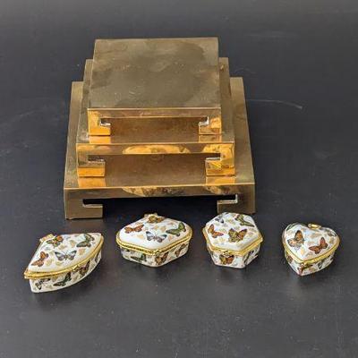 Lot #144 - Chinese Stands & Set of Butterfly Ceramic with Gold Trim Hinged Trinket Jewelry Boxes
