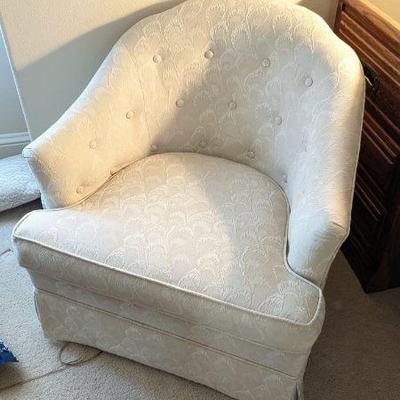 Lot #104 - Upholstered Accent Chair With Matching Footstool - Cream Floral Design