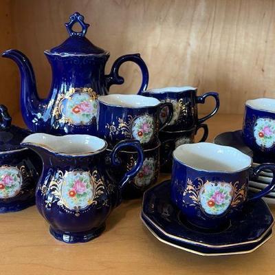 KFT093- Vintage Hand Spray KT Glaze Blue Japanese Tea Set