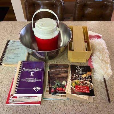 KFT084- Assorted Vintage Cookbooks, Mixing Bowl & Vintage Red Gott Cooler