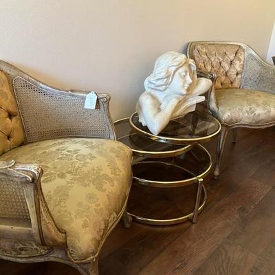 1960’s • Diamond Tufted • Caned Arm • Distressed Finish • French Influence • Bergeres • $279 ea • (2 available)