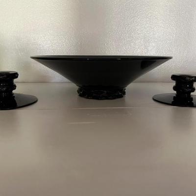 Art Deco • Black Glass • Console Bowl • $33 • Candle Holders • $22.50 (pr)