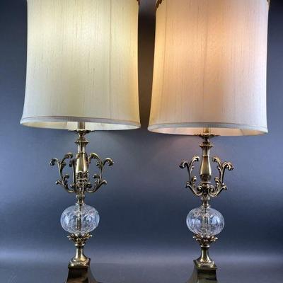 Lot 464 | Pair of Brass Lamps with Cut Glass Accents
