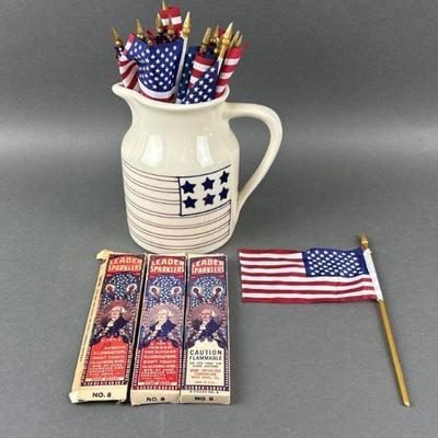 Lot 190 | Vtg 1990 US Flag Pitcher, Sparklers, & Flags
