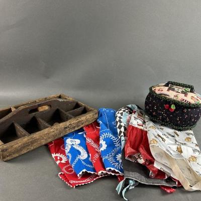 Lot 164 | Vintage Aprons, Wood Organizer & Sewing Box
