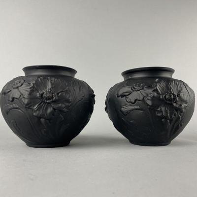 Lot 101 | Vtg Tiffin Black Satin Poppy Vase Pair
