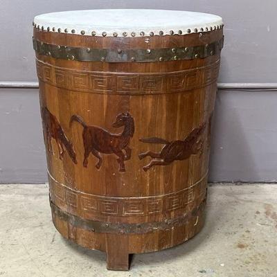 Lot 435 | Large Asian Drum with Horse Carvings
