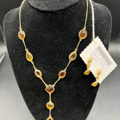 Amber Stone Teardrop Necklace and Earring Set