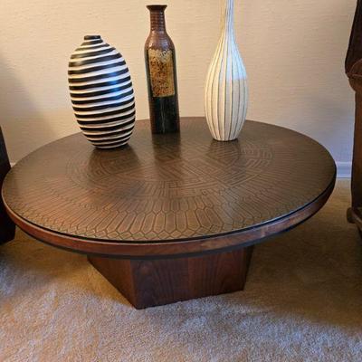 MCM etched bronze coffee table on walnut