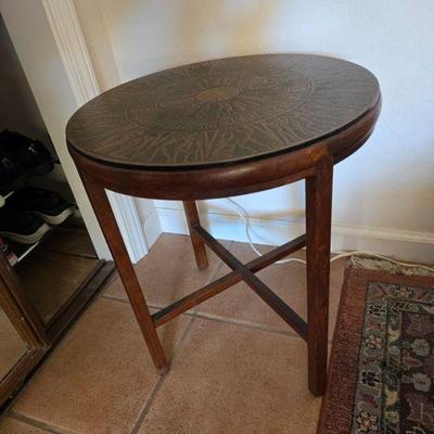 MCM etched bronze side table on walnut
