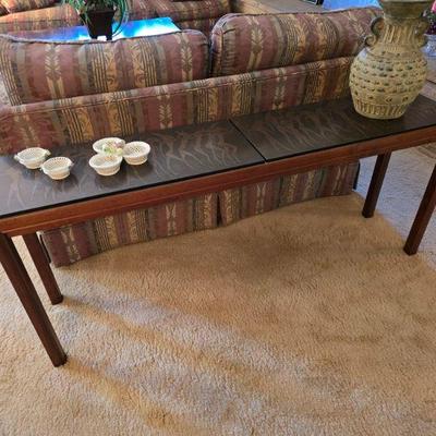 MCM etched bronze console table on walnut