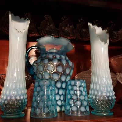 Fenton opalescent hobnail & coin dot glassware