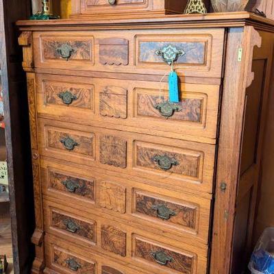 Victorian Sidelock dresser . This Chest has six drawers with raised burl panels with cast brass handles. Note the jewelry drawer on top....