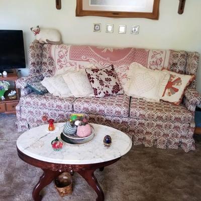 Fantastic 70's couch with eagle design and marble top coffee table
