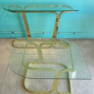 Two Post Modern Brass and Beveled Glass Tables