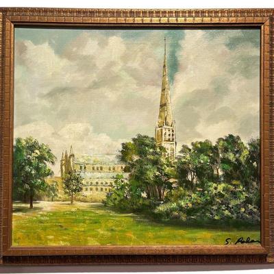 Signed Mid Century Oil on Canvas, "Steeple"