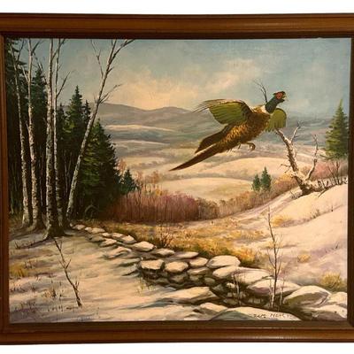 Signed Pheasant Hunting Landscape Oil on Canvas