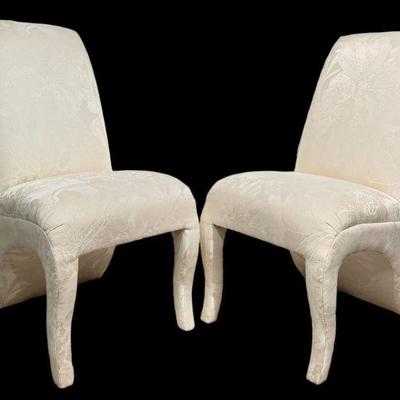 Cream Floral Slipper Chairs, Pair