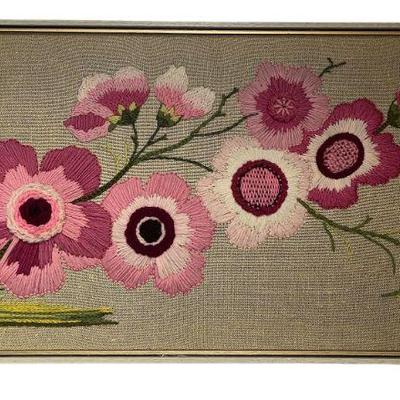 1970s Framed Floral Embroidery on Burlap