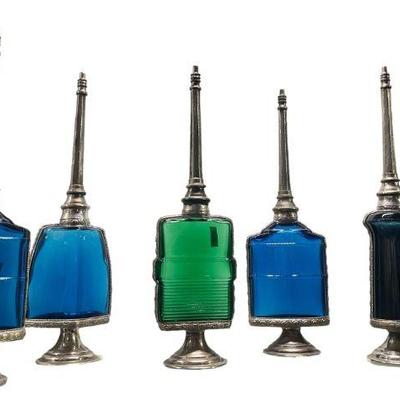 Six Moroccan Silverplate Art Glass Perfume Bottles