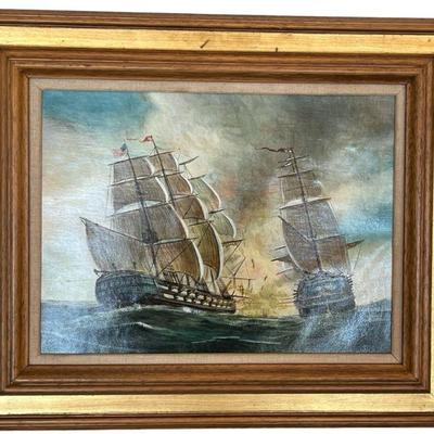 Mid Century Acrylic on Paper of Ships, Signed E.W.