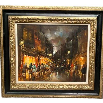 Mid Century French Evening Scene, Oil on Canvas