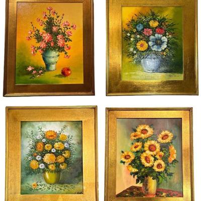 Collection Four Mid Century Floral Acrylic on Canvas Paintings