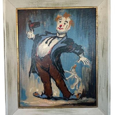 Mid Century Oil on Board of Clown