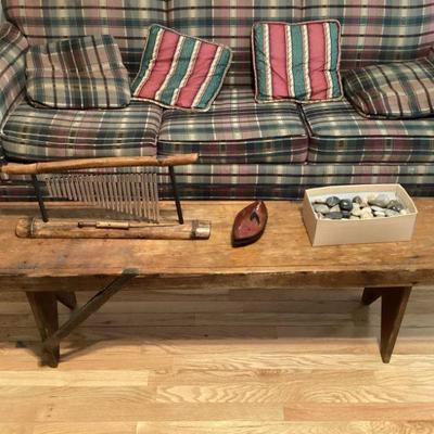 Bench Coffee Table, Chimes, Haitian Bowl, Decroative Rocks