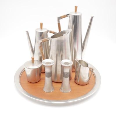 Pewter and Teak Coffee/Tea Set Service by Royal Holland