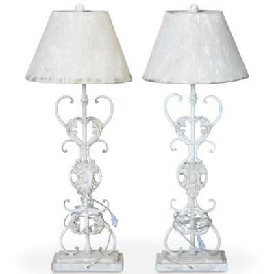 Pair of Metal Distressed Scrollwork Table Lamps