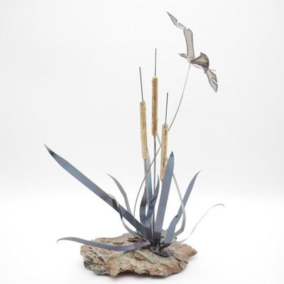 Copper Cattails on Serpentine Base Art Sculpture by Gabris