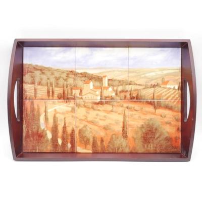Tuscana Tiles Brown Walnut Wood Serving Tray with Decorative Tiles