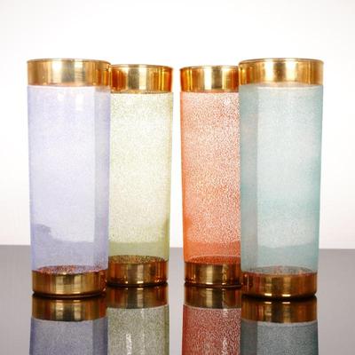 1960s MCM Frosted Colored Drinking Glasses with Gold Rim