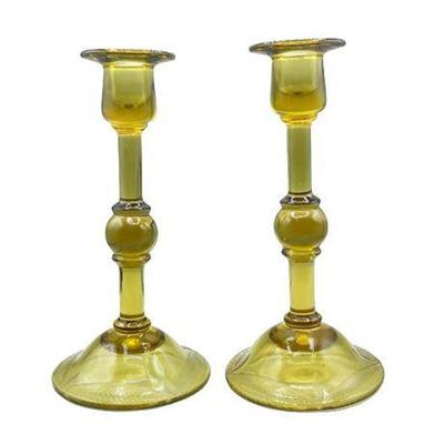 Lot 015   
Amber Glass Blown and Etched Candlesticks