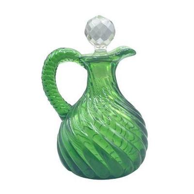 Lot 057  
Antique Green Optic Swirl Cruet With Crystal Faceted Stopper