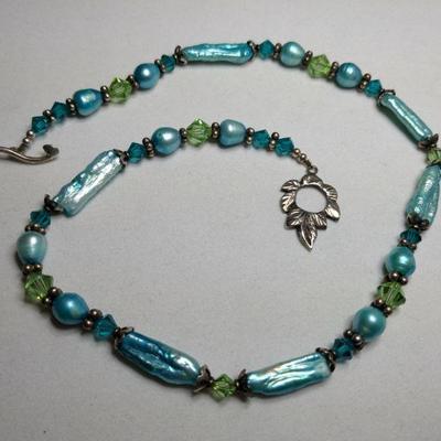 Custom designer necklace, Genuine freshwater colorized blue pearls necklace with crystal and glass beads and a custom sterling silver clasp
