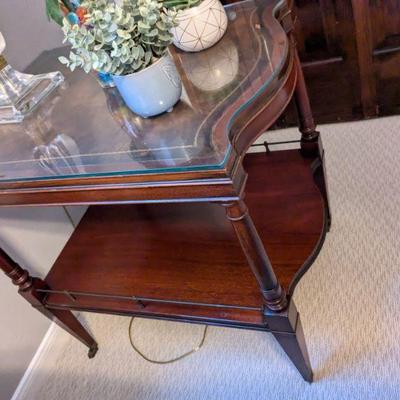 Set of 2 Mohogany tables with custom glass top with wheels MINT condition
