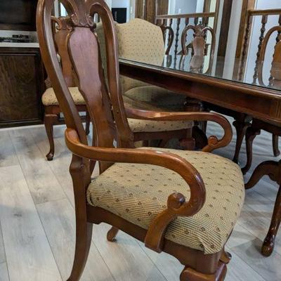 Vintage Solid Wood dining table with 8 chairs and 2 silverware drawers on ends with CUSTOM GLASS TEMPERED TOP 