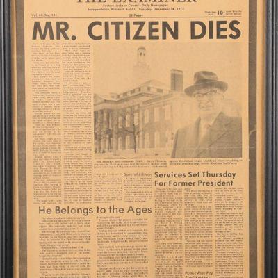 Death of President Truman framed newspaper