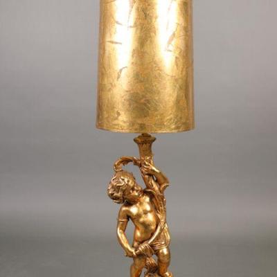 Huge Hollywood Regency gilt cherub lamp