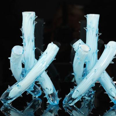 Pair Murano cased spiky glass candlesticks