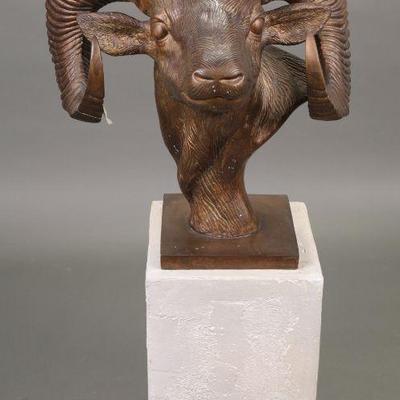 Large (3 foot tall) bronze ram's head sculpture on pedestal