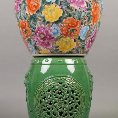Chinese painted porcelain coy fish bowl on garden stool base