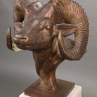 Large (3 foot tall) bronze ram's head sculpture on pedestal