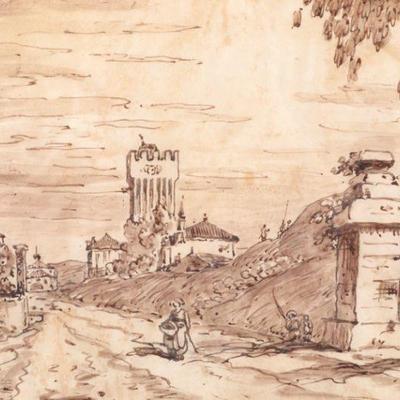 18th c. Italian Ink Wash drawing (In the manner of Francesco Guardi) Caneletto Copy