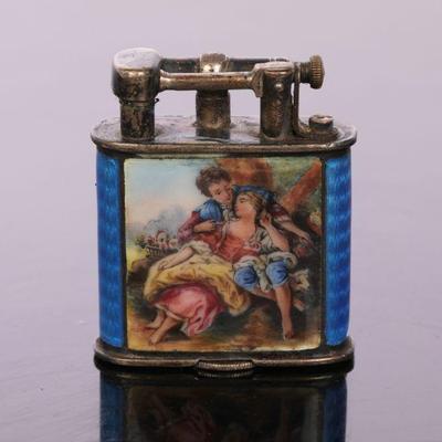 Antique French guilloché enamel & painted porcelain lighter