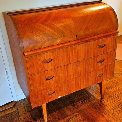 Vintage Scandinavian teak roll top desk secretary by Egon Ostergaard.
