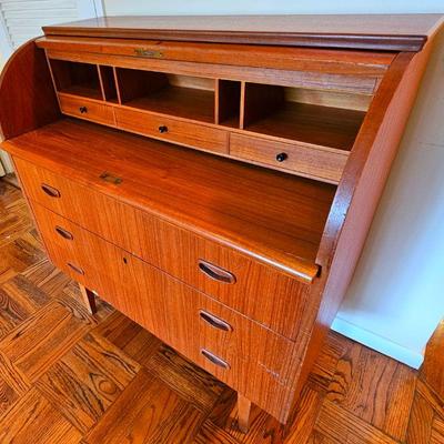 Vintage Scandinavian teak roll top desk secretary by Egon Ostergaard.